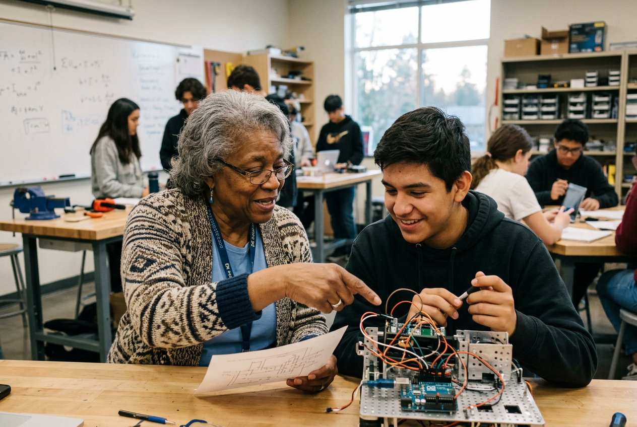 A retired professional sharing real-world experience with a student