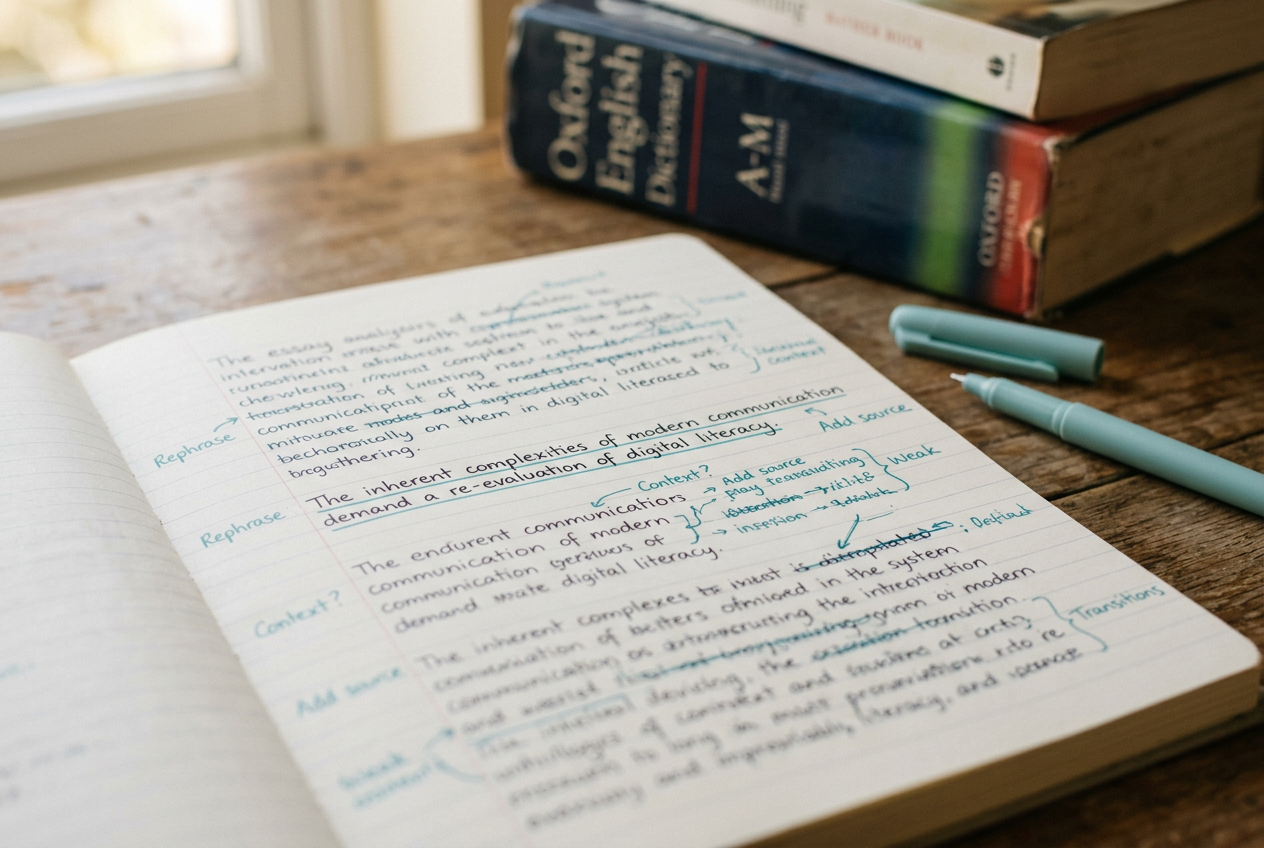 Open books and a handwritten essay in warm window light