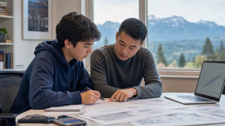 An IB student and tutor reviewing a mathematics exploration in North Vancouver