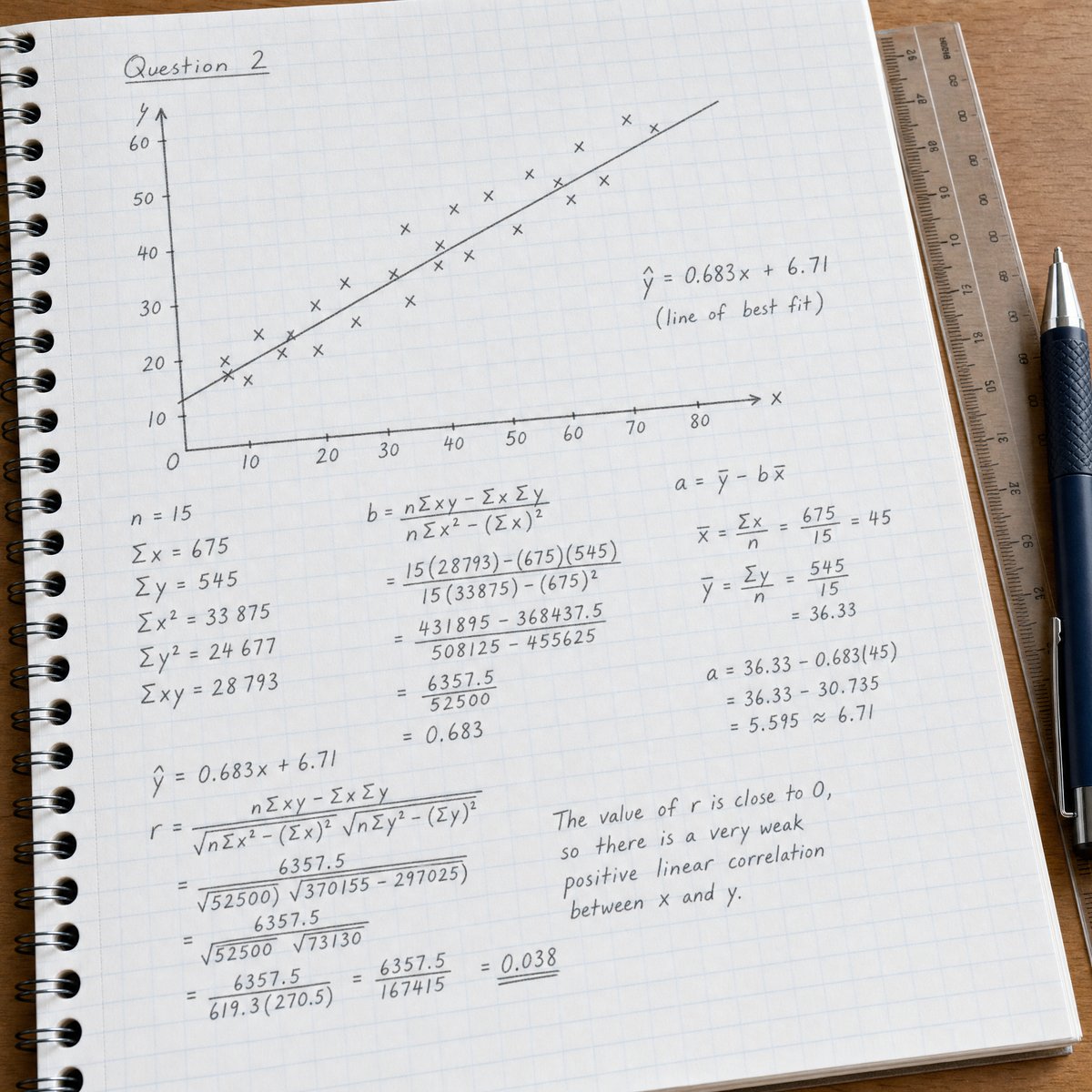 IB math notebook with a scatter plot and handwritten regression analysis