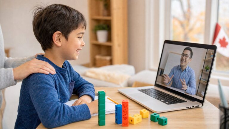 Young child learning math online with a tutor on a laptop at home in Canada