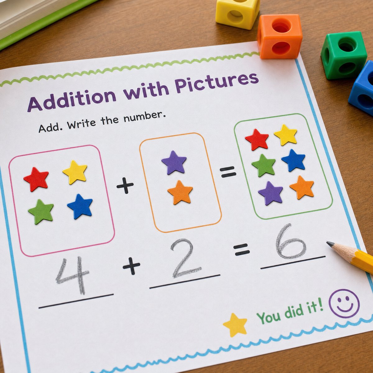 Colourful elementary math worksheet with counting blocks and a pencil