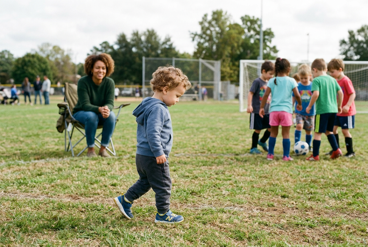 Parent kneeling beside young child at the edge of a soccer field, bridging language and encouragement