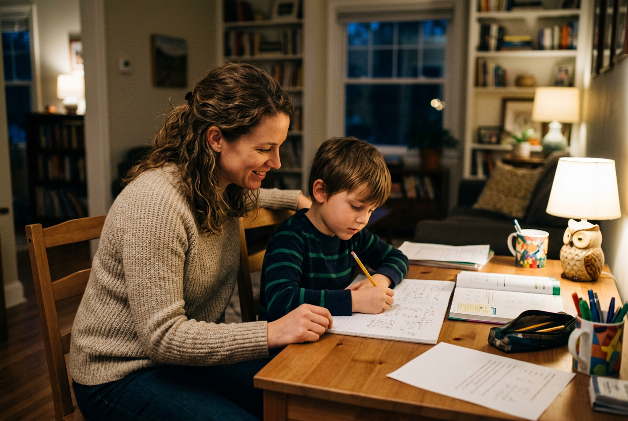 Parent and child at kitchen table working through a difficult homework problem together