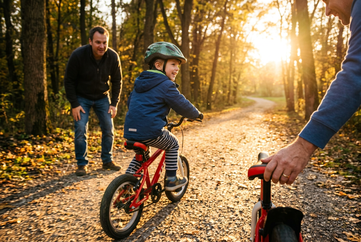Parent gently releasing a child on a bicycle, child riding forward confidently