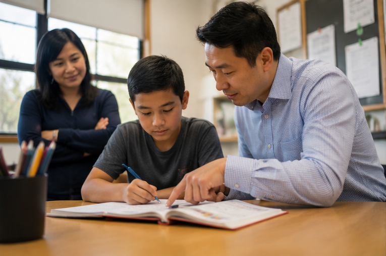 A teacher working with a student while a supportive parent is present