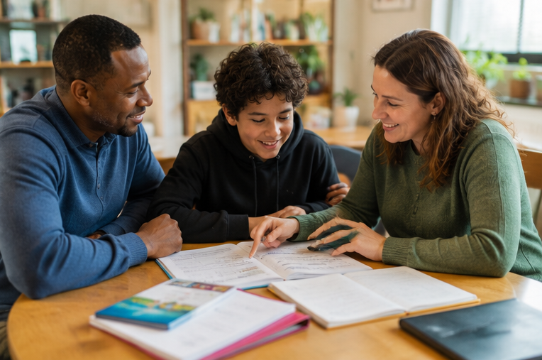 A parent, teacher, and student working together as a team