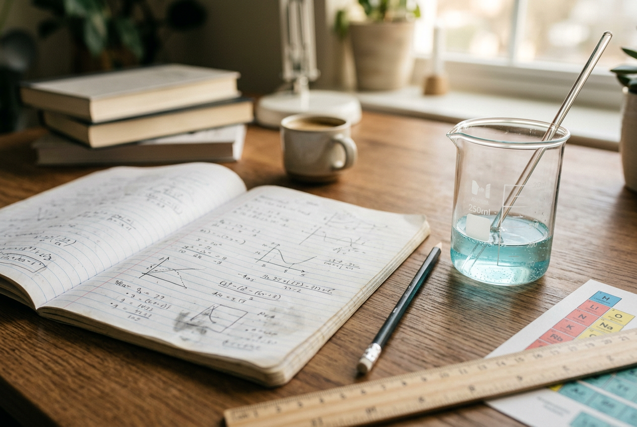 Desk blending math equations and a science beaker