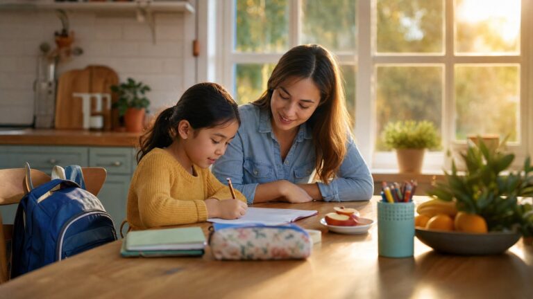 Child doing homework after school with a tutor helping at the kitchen table