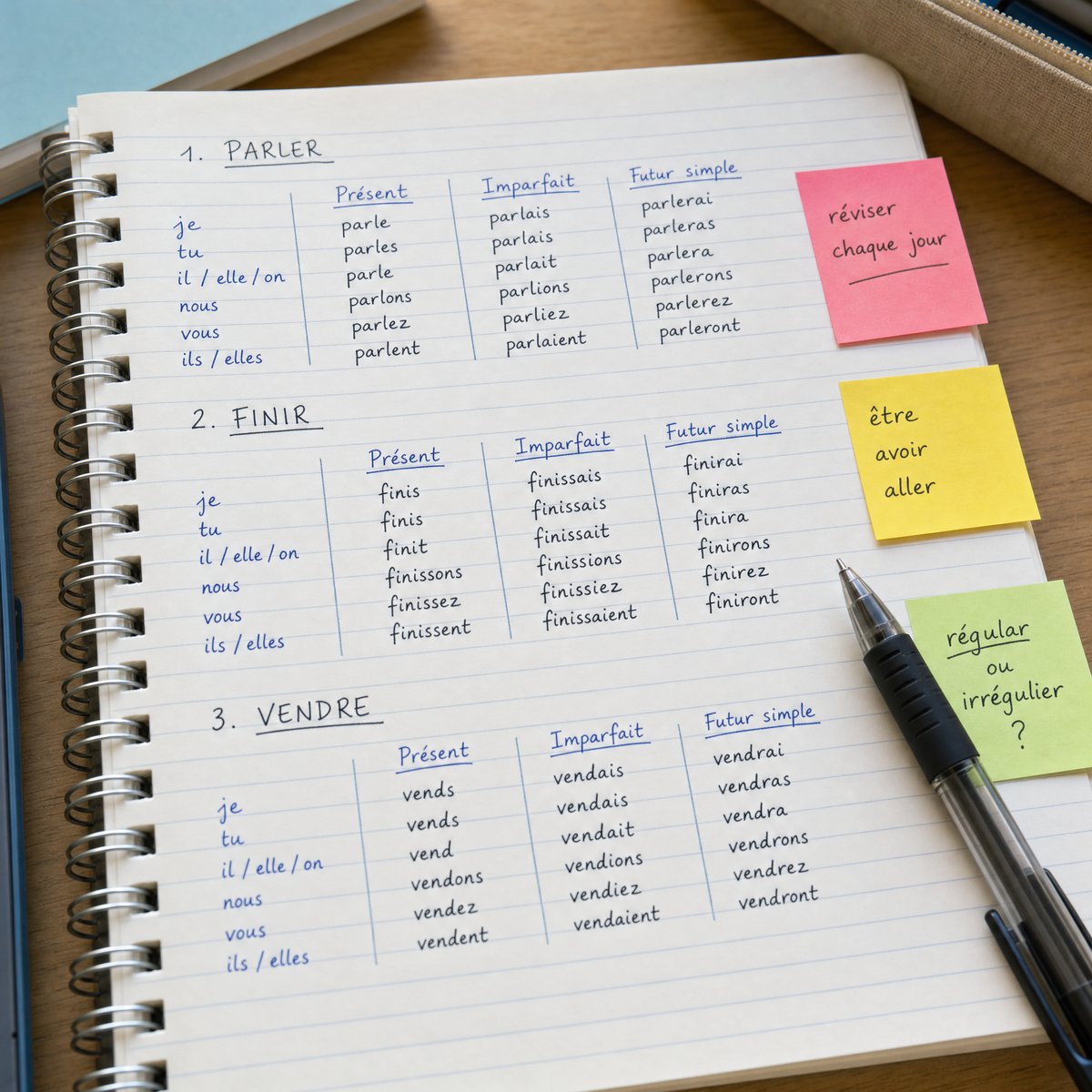 French vocabulary notebook with verb conjugation tables and sticky notes