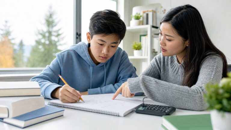 A Grade 8 student and tutor working through an algebra problem at a desk in Richmond