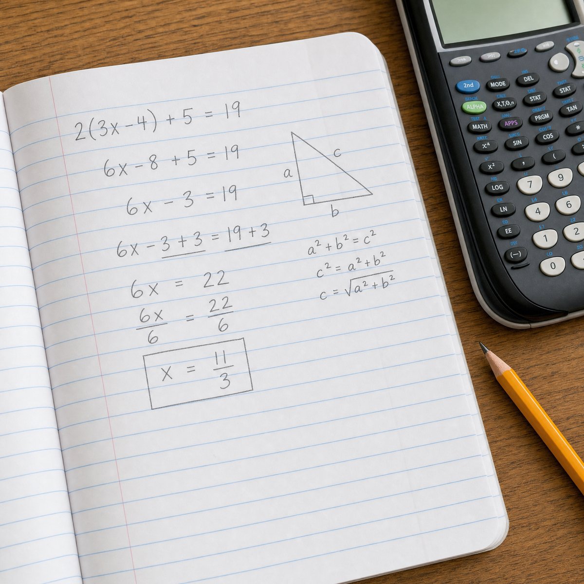Grade 8 math notebook showing a linear equation and a Pythagorean triangle sketch
