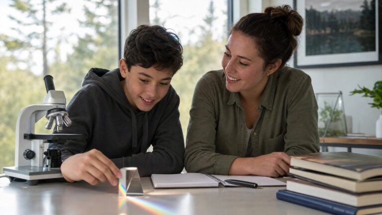 Grade 8 student and tutor doing a science experiment with a microscope in Richmond