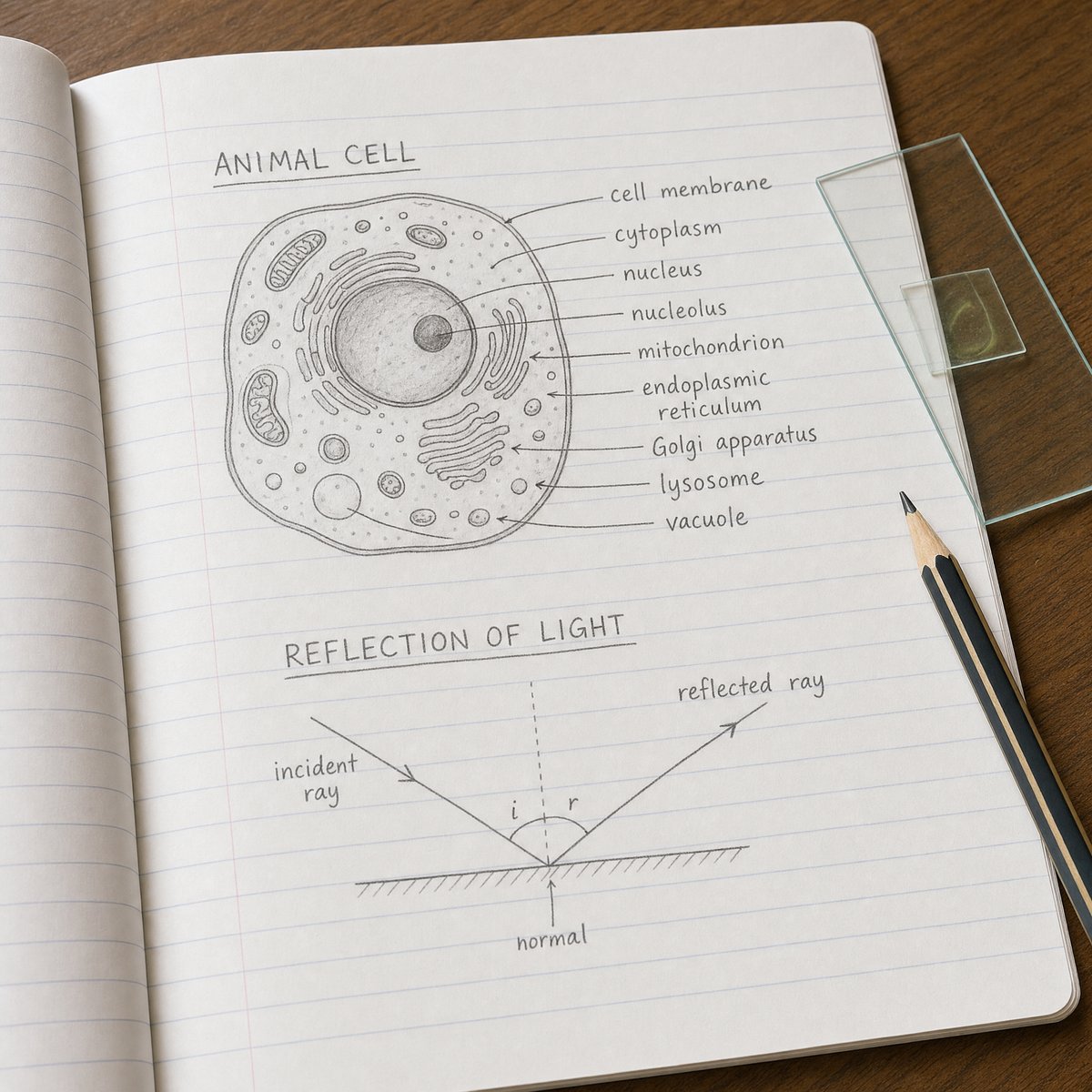 Grade 8 science notebook with a labelled cell diagram and optics ray sketch