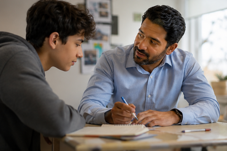 A mentor and a high-school student discussing future paths