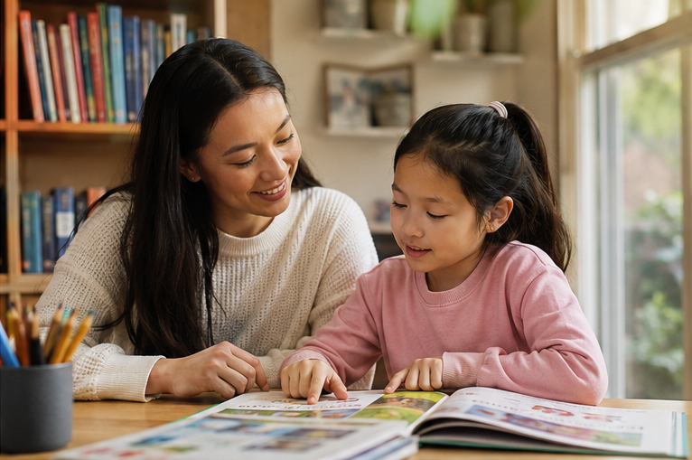A patient teacher encouraging a young child's curiosity