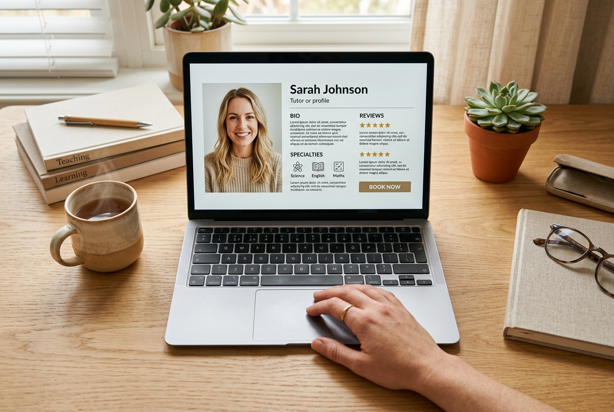 Browsing tutor profiles on a laptop to find the right match