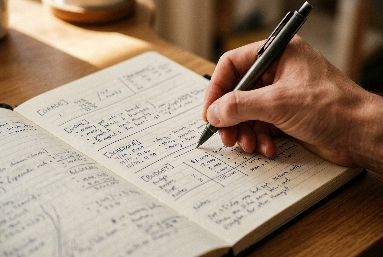 Notebook with organised goal, schedule, and budget sections