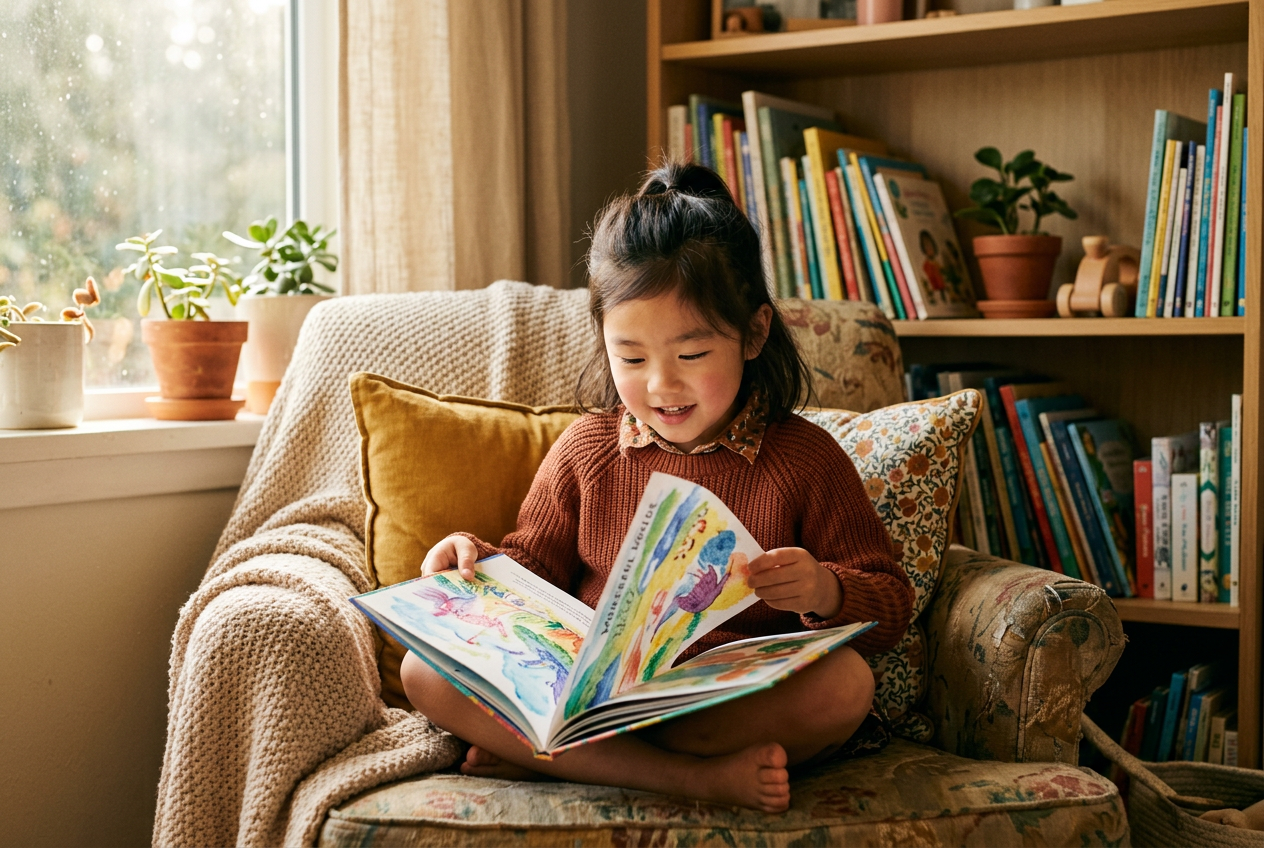 Young child absorbed in reading a picture book