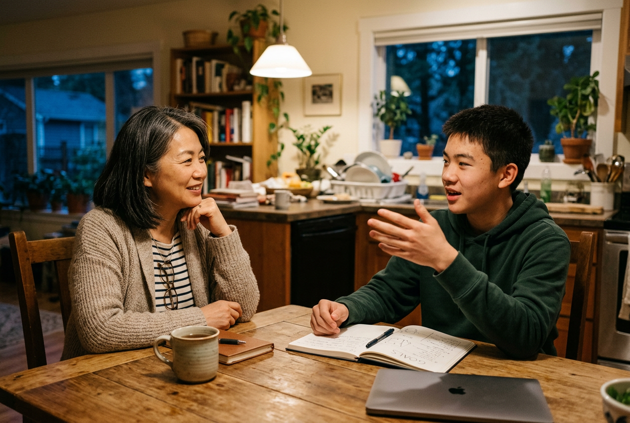 Parent and teenager discussing educational goals together