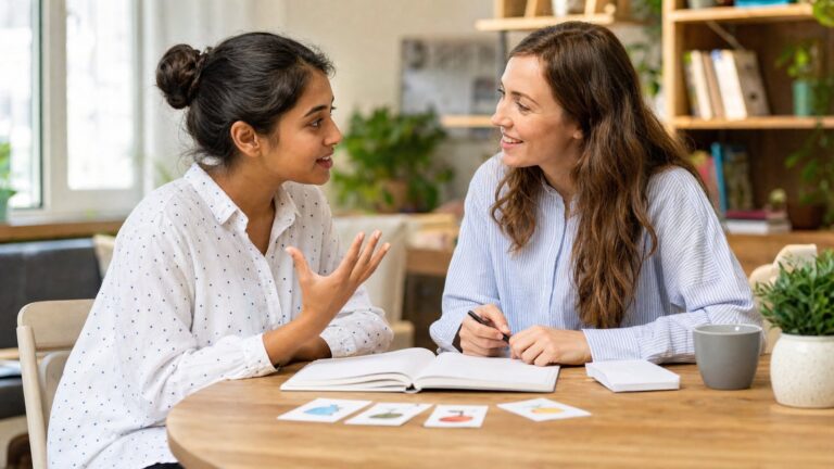 Newcomer student practising English with an encouraging tutor in Surrey