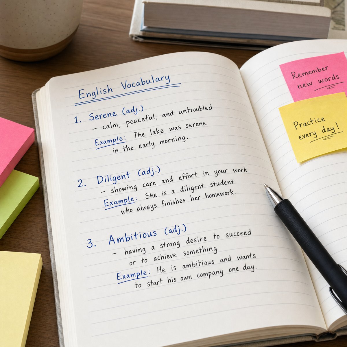 English vocabulary notebook with example sentences and notes
