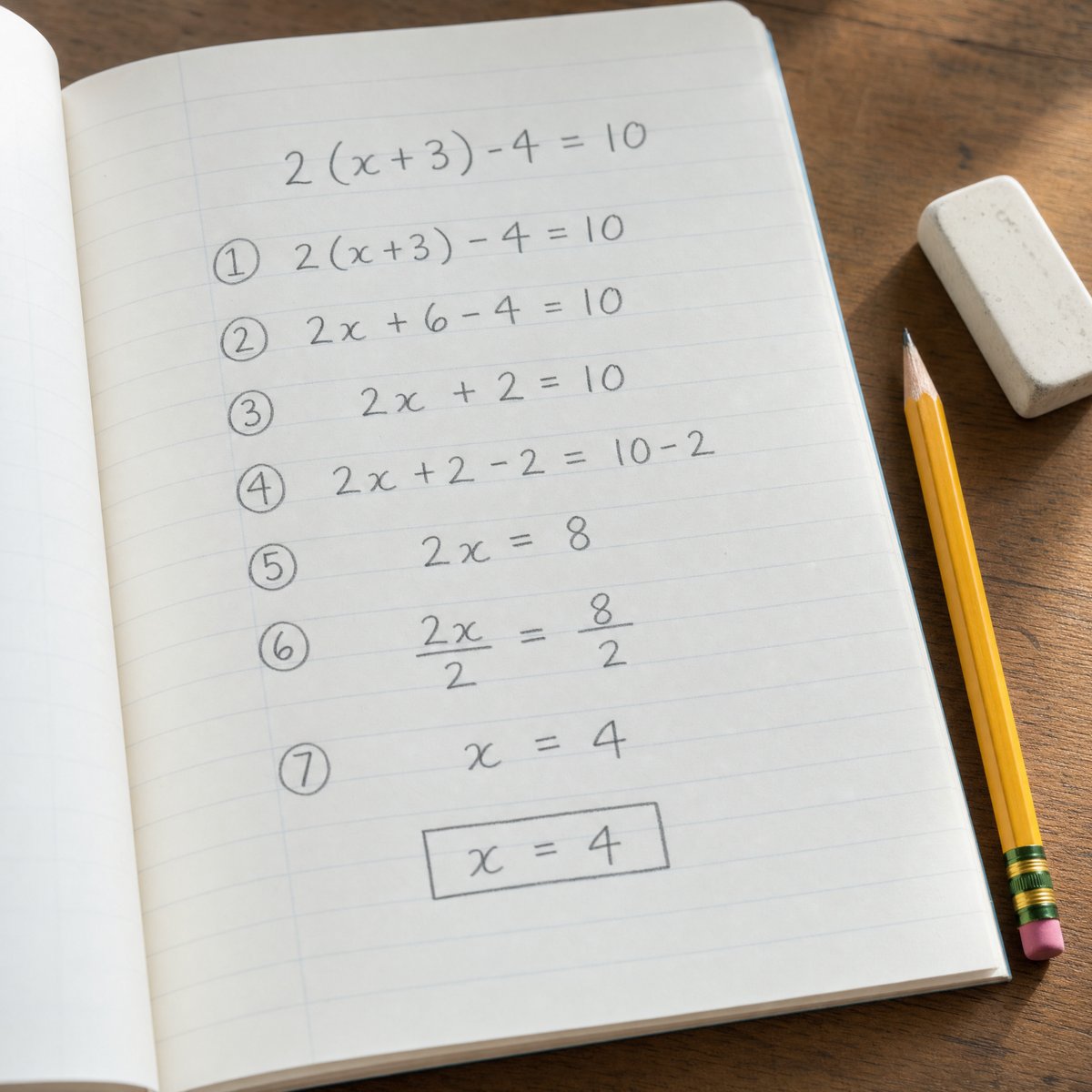 Math worksheet with step-by-step working in pencil
