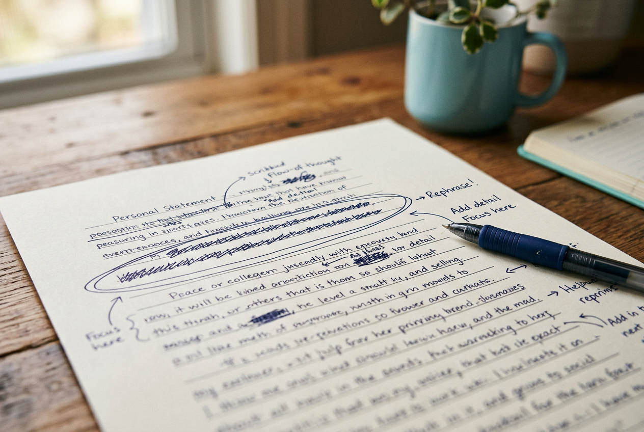 Student drafting a university application essay on a laptop