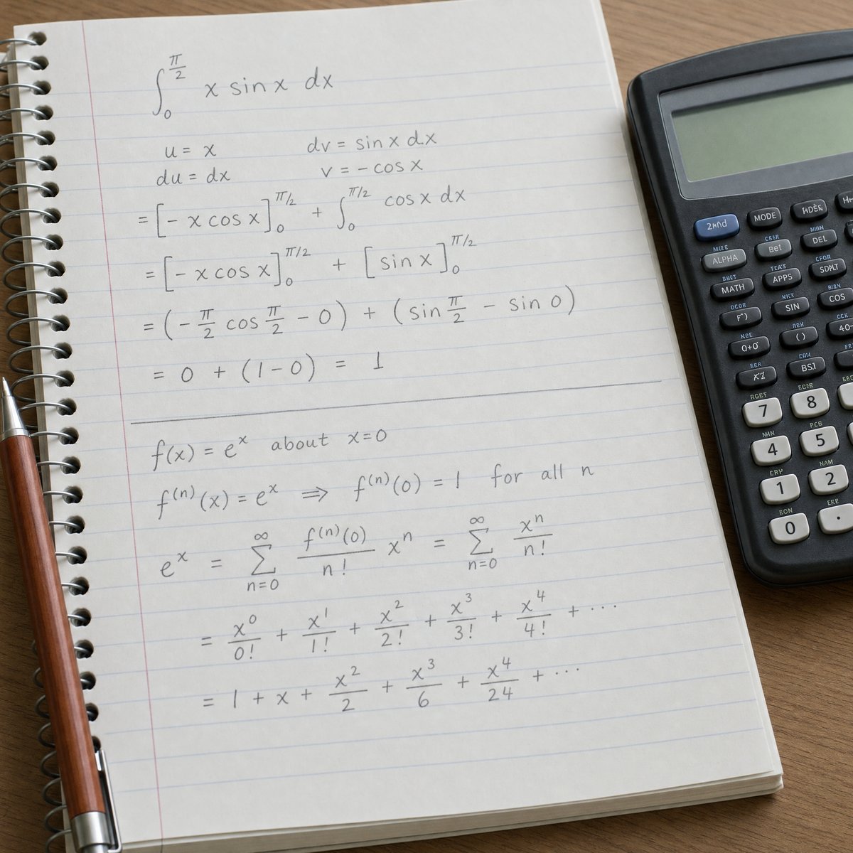 Calculus notebook showing a definite integral and a Taylor series worked in pencil
