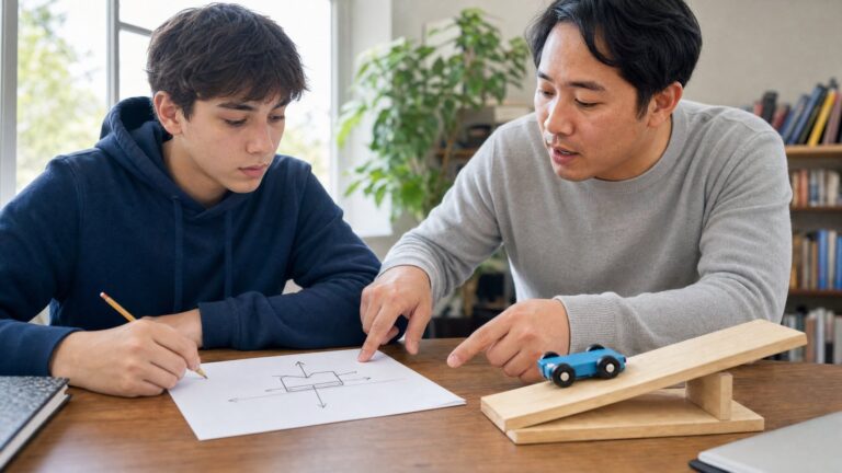 A student and tutor with a free-body diagram and a cart on a ramp for AP Physics 1 in Vancouver