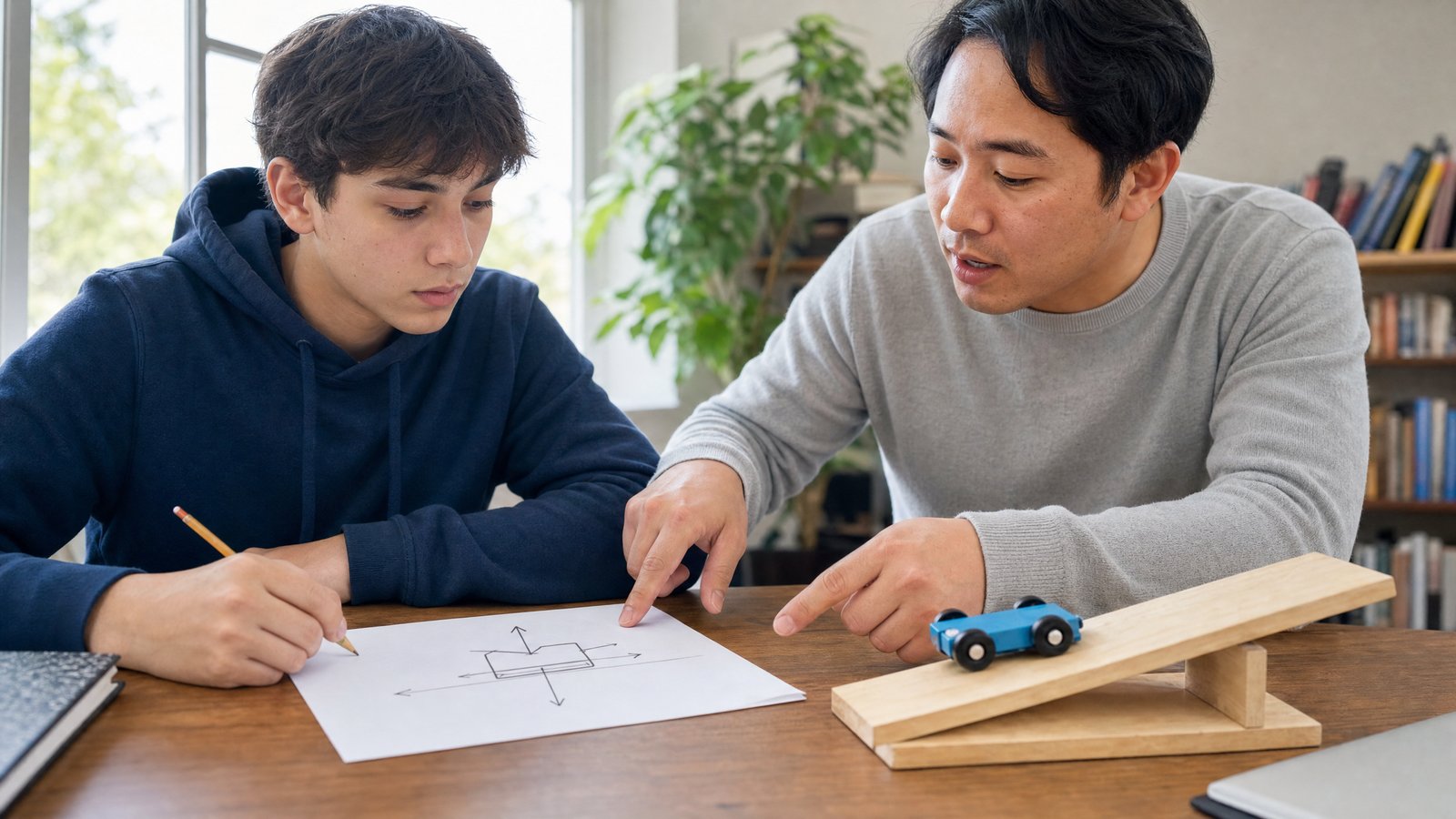 A student and tutor with a free-body diagram and a cart on a ramp for AP Physics 1 in Vancouver