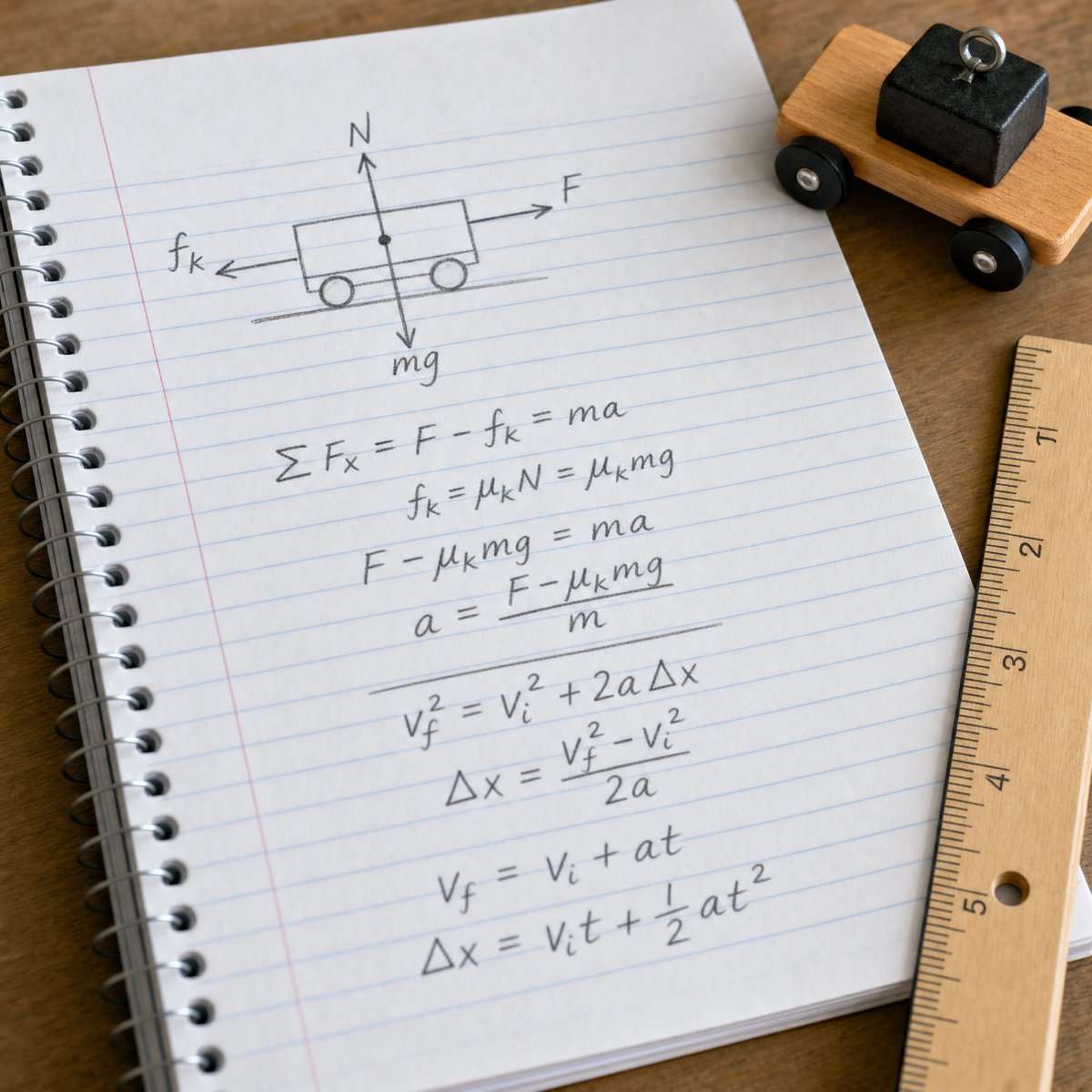 Physics notebook with a free-body diagram and kinematics equations in pencil