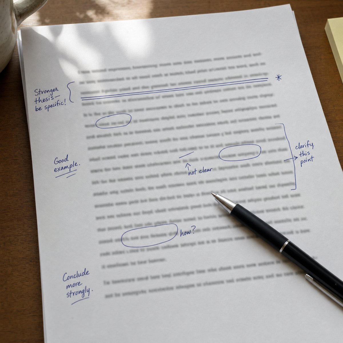 Essay draft with handwritten editing marks and a thesis sentence underlined