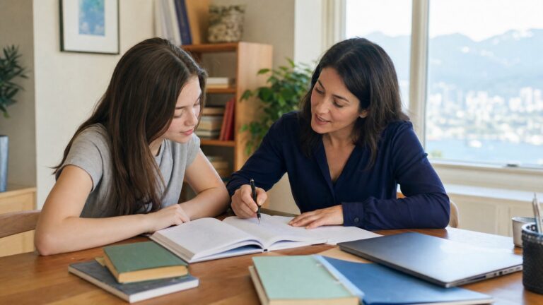 Private tutor working one-on-one with a student at a table in a Vancouver home