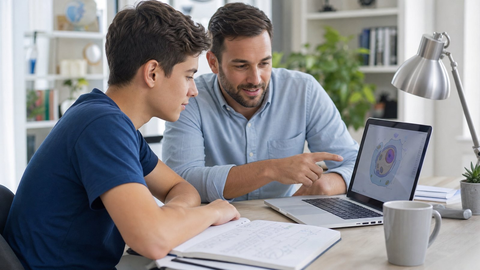 Student studying an online science course on a laptop with a tutor helping