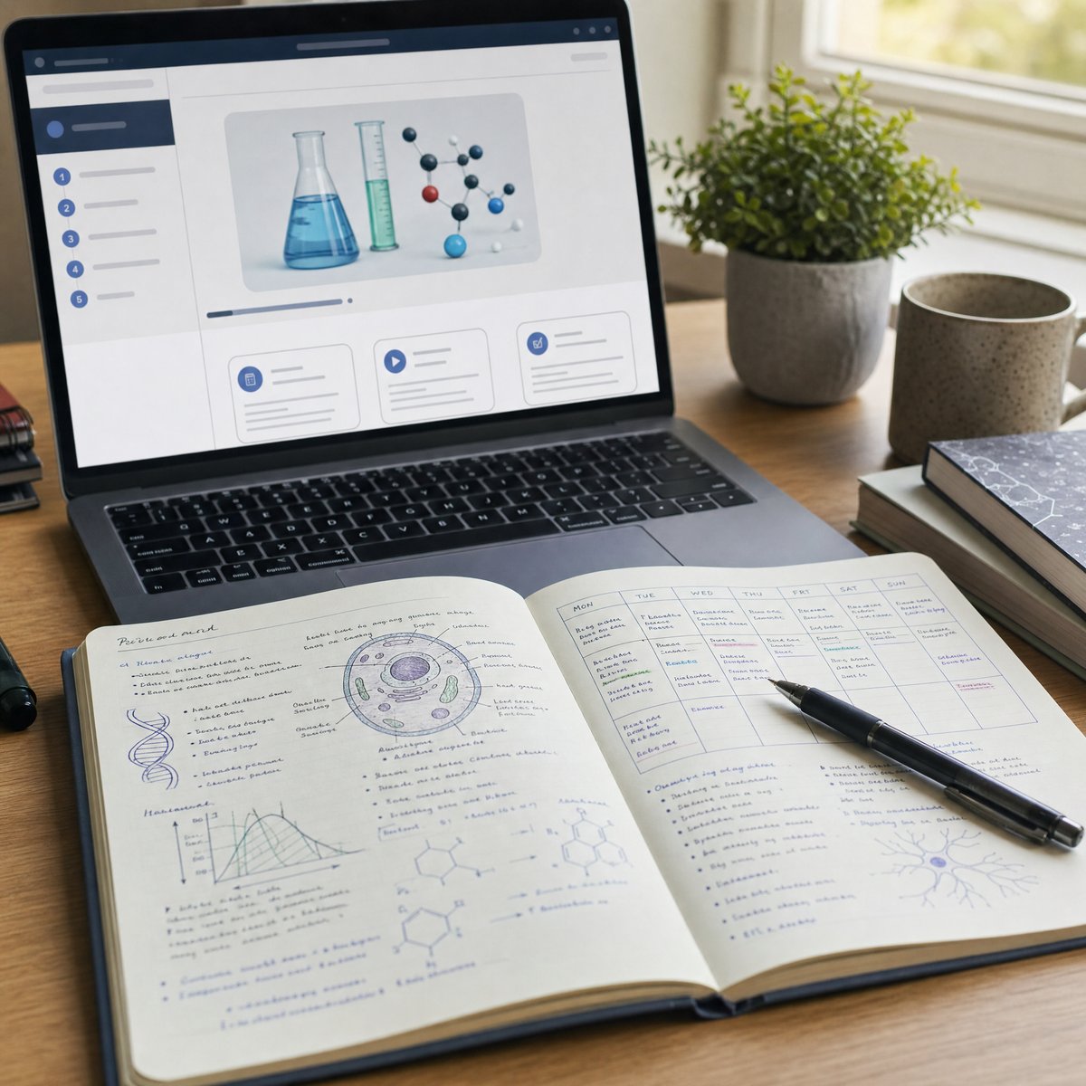 Online science course on a screen beside handwritten study notes