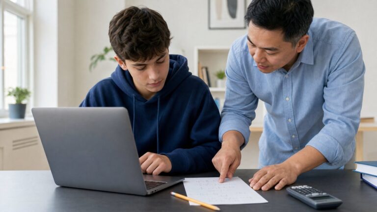 Student working through an online math course with a tutor explaining a step