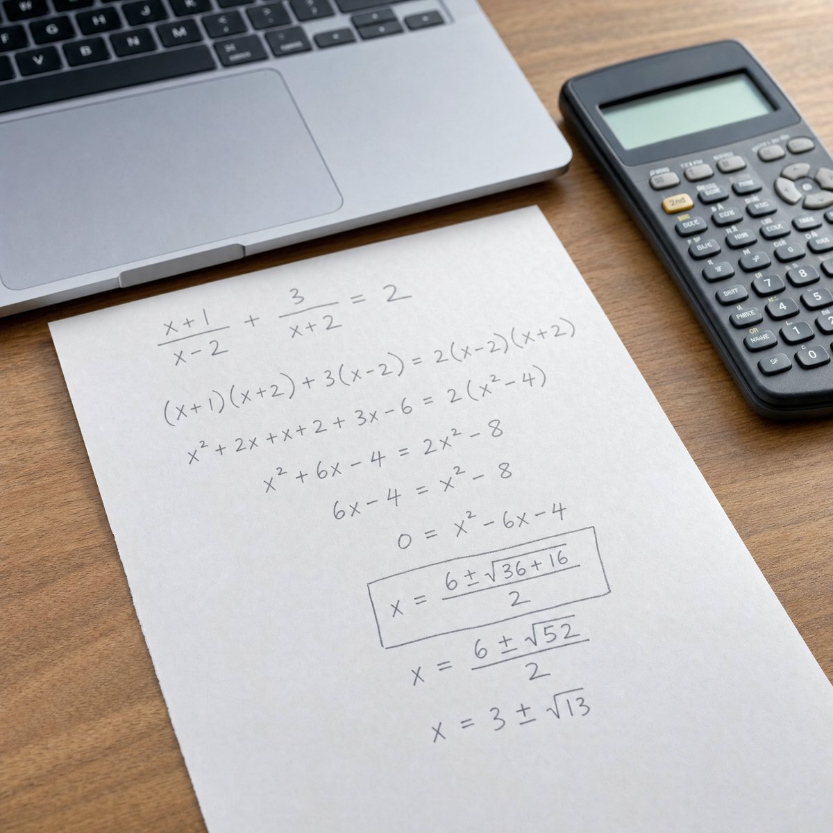 Online math problem on a screen with handwritten working beside it