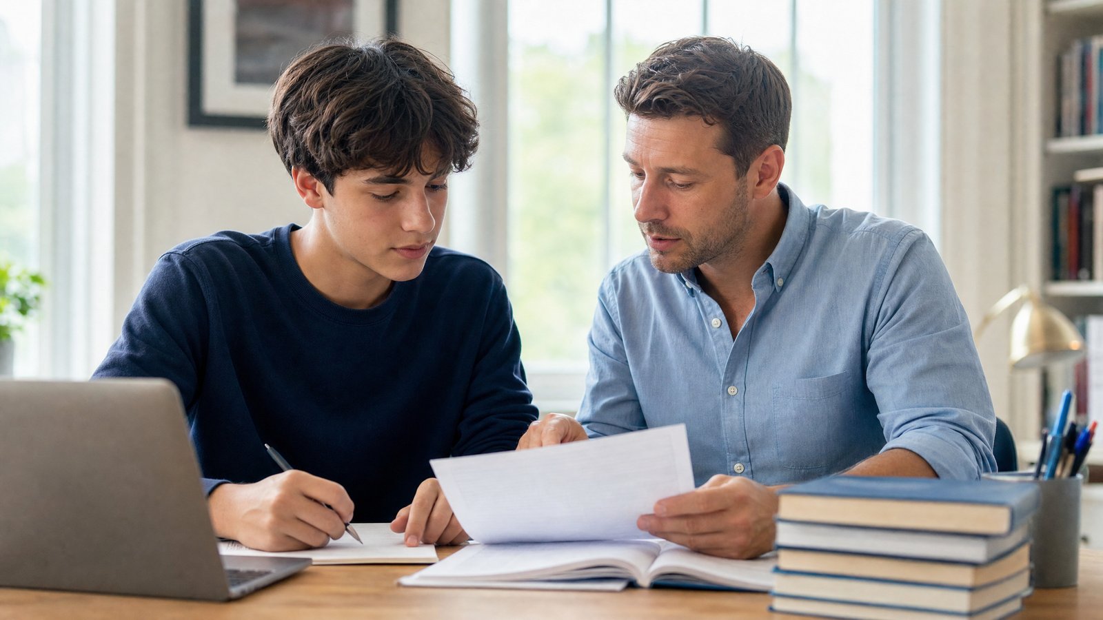 West Vancouver IB student and tutor reviewing an essay and notes together